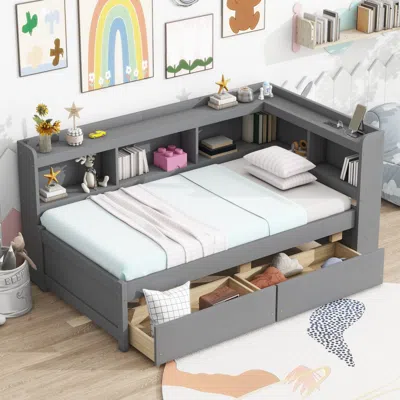 Streamdale Furniture Streamdale Twin L-shaped Bookcase Bed W/ Outlets & Drawers - Grey