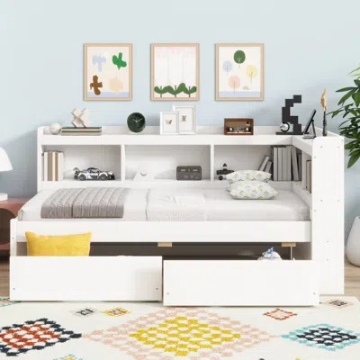 Streamdale Furniture Streamdale Twin L-shaped Bookcase Bed With Outlets & Drawers - White