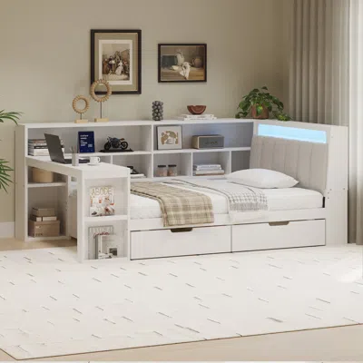 Streamdale Furniture Streamdale Twin L-shaped Daybed With Desk, Storage, Led Light - White