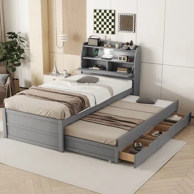 Streamdale Furniture Streamdale Twin Led Storage Bed With Trundle & Storage Headboard In Gray