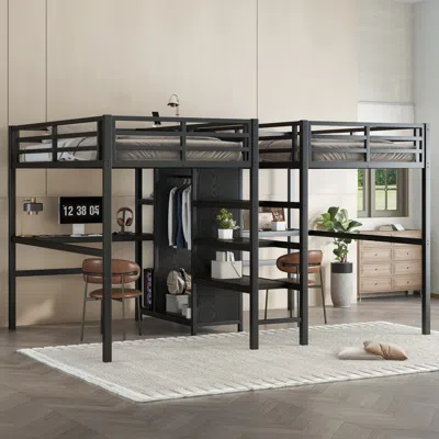 Streamdale Furniture Streamdale Twin Metal Loft Bed With Desk, Wardrobe & Shelves - Black