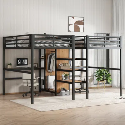 Streamdale Furniture Streamdale Twin Metal Loft Bed With Desk, Wardrobe & Shelves - Woodgrain