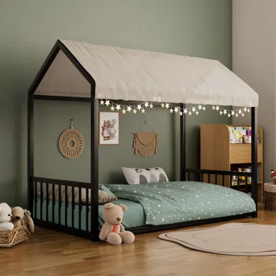 Streamdale Furniture Streamdale Twin Montessori Metal Floor Bed Frame, House Bed, Safety Rails, Easy Assemble, Black