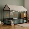 Streamdale Furniture Streamdale Twin Montessori Metal Floor Bed Frame, House Bed With Fence, Easy Assemble, Black In Black