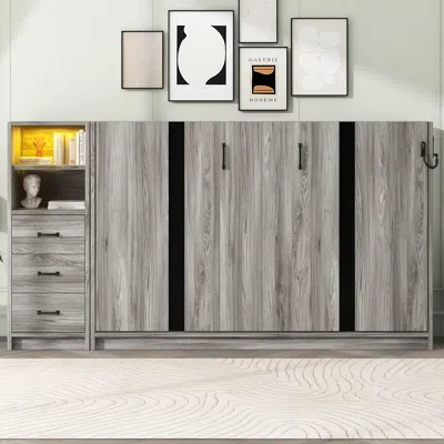 Streamdale Furniture Streamdale Twin Murphy Bed With Drawers & Led, Folds To Cabinet, Gray
