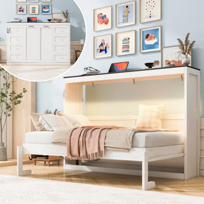 Streamdale Furniture Streamdale Twin Murphy Bed With Led, Foldable Cabinet, Hidden Wall Bed, White/brown