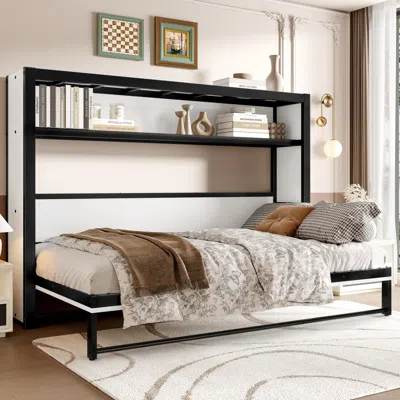 Streamdale Furniture Streamdale Twin Murphy Bed With Shelves, Foldable Metal Wall Bed - White In Black