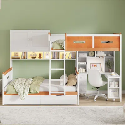 Streamdale Furniture Streamdale Twin Over Full Bunk Bed W/ Desk, Drawers, Shelves, Cabinet & Led Light In White