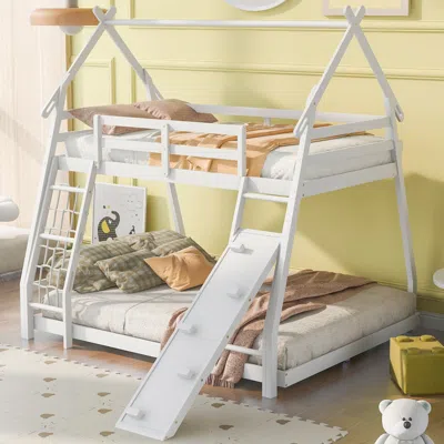 Streamdale Furniture Streamdale Twin Over Queen House Bunk Bed With Climbing Nets And Climbing Ramp, White