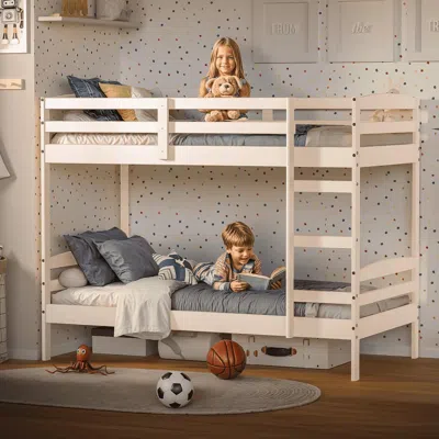 Streamdale Furniture Streamdale Twin Over Twin Bunk Bed, Solid Pine, High Guardrails, Ladder, White