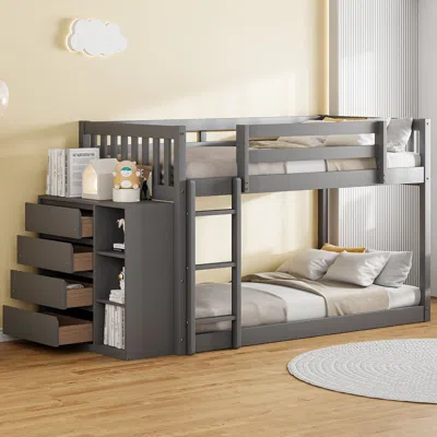 Streamdale Furniture Streamdale Twin Over Twin Bunk Bed With 4 Drawers And 3 Shelves-gray