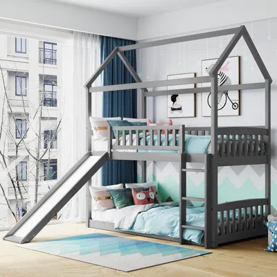 Streamdale Furniture Streamdale Twin Over Twin Bunk Bed With Slide, House Bed With Slide In Gray
