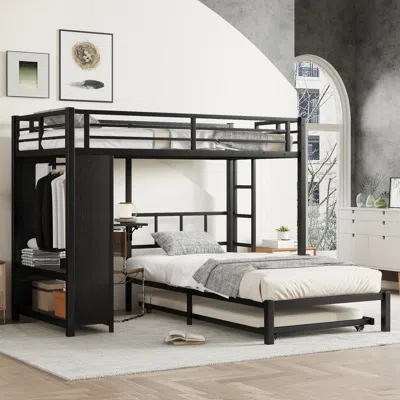 Streamdale Furniture Streamdale Twin Over Twin Bunk Bed With Trundle, Desk & Wardrobe - Black