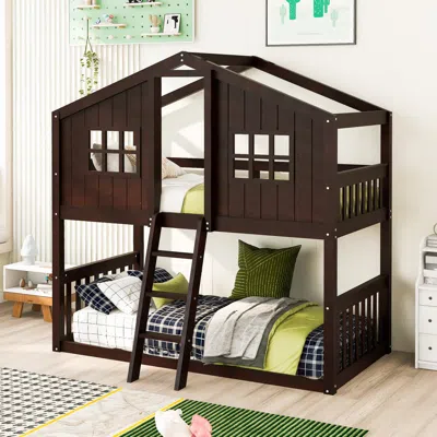 Streamdale Furniture Streamdale Twin Over Twin House Bunk Bed With Ladder, Wood Bed-gray In Brown