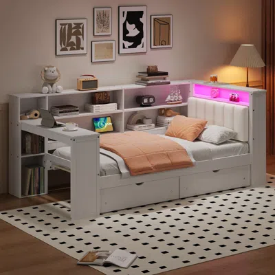 Streamdale Furniture Streamdale Twin Platform Bed W/ Storage, Led, Desk, Charging, Upholstered Headboard - Grey In White