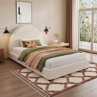 Streamdale Furniture Streamdale Twin Size Bed Frame With Boucle Upholstered Round Curved Headboard, White