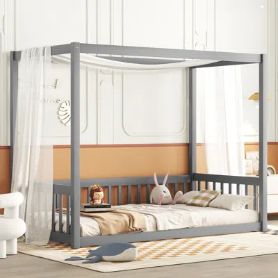 Streamdale Furniture Streamdale Twin Size Canopy Frame Floor Bed With Fence