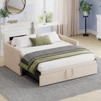 Streamdale Furniture Streamdale Twin Size Daybed With Extended Pop Up Trundle, Velvet, Beige