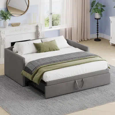 Streamdale Furniture Streamdale Twin Size Daybed With Extended Pop Up Trundle, Velvet, Gray