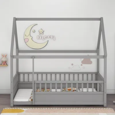 Streamdale Furniture Streamdale Twin Size Floor Wooden Bed With House Roof Frame In Gray