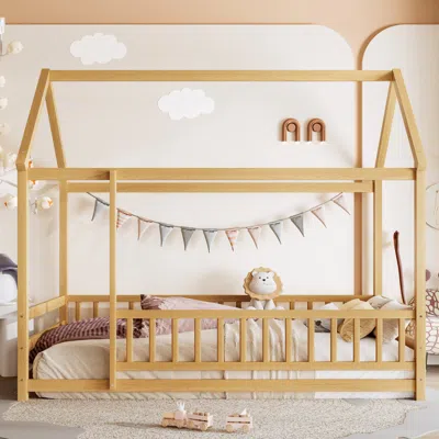 Streamdale Furniture Streamdale Twin Size Floor Wooden Bed With House Roof Frame, Fence Guardrails, Natural