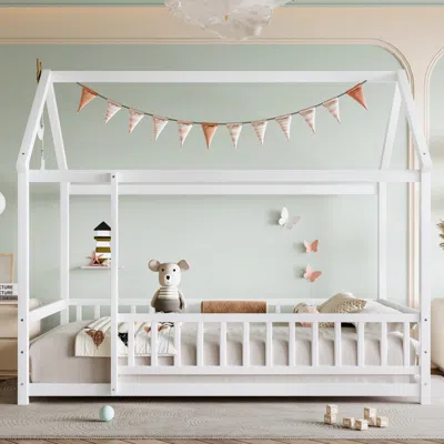 Streamdale Furniture Streamdale Twin Size Floor Wooden Bed With House Roof Frame, Fence Guardrails, White