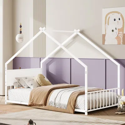Streamdale Furniture Streamdale Twin Size House Bed With Roof & Lights, Metal Frame, No Box Spring (white)