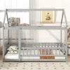 Streamdale Furniture Streamdale Twin Size House Floor Wooden Bed With Roof Frame, Safety Guardrails, Grey In Gray