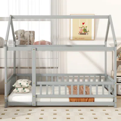 Streamdale Furniture Streamdale Twin Size House Floor Wooden Bed With Roof Frame, Safety Guardrails, Grey In Gray