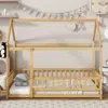 Streamdale Furniture Streamdale Twin Size House Floor Wooden Bed With Roof Frame, Safety Guardrails, Natural