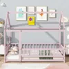 Streamdale Furniture Streamdale Twin Size House Floor Wooden Bed With Roof Frame, Safety Guardrails, Pink