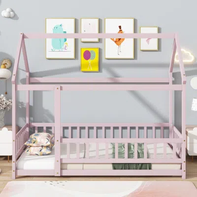 Streamdale Furniture Streamdale Twin Size House Floor Wooden Bed With Roof Frame, Safety Guardrails, Pink