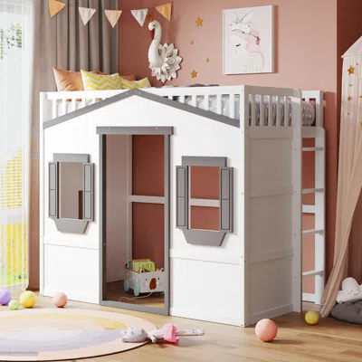 Streamdale Furniture Streamdale Twin Size House Loft Bed With Ladder-white+gray Frame