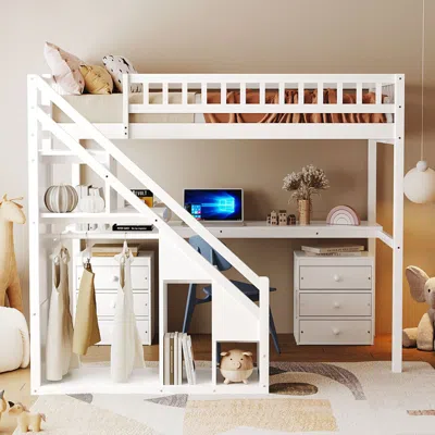Streamdale Furniture Streamdale Twin Size Loft Bed With Two Chest Of Drawers, Desk And Light Strip, Gray In White