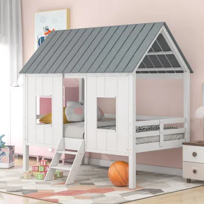 Streamdale Furniture Streamdale Twin Size Low Loft House Bed With Roof And Two Front Windows