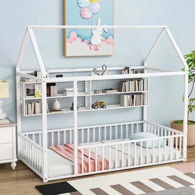 Streamdale Furniture Streamdale Twin Size Metal Bed House Bed Frame With Fence And Shelves