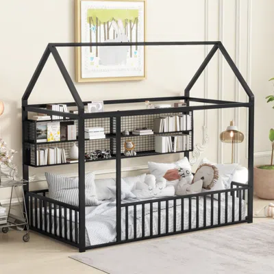 Streamdale Furniture Streamdale Twin Size Metal Bed House Bed Frame With Fence And Shelves