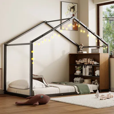 Streamdale Furniture Streamdale Twin Size Metal Bed House Bed Frame With Shelves And Lights, Black