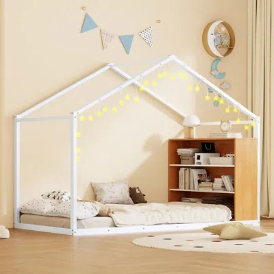 Streamdale Furniture Streamdale Twin Size Metal Bed House Bed Frame With Shelves And Lights, White