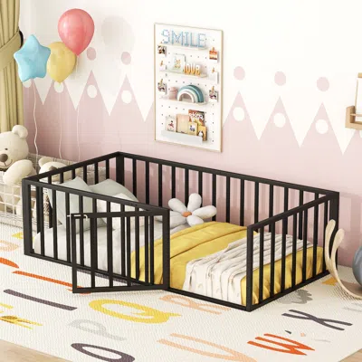 Streamdale Furniture Streamdale Twin Size Metal Floor Bed Frame With Fence And Door