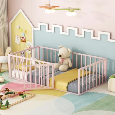 Streamdale Furniture Streamdale Twin Size Metal Floor Bed Frame With Fence And Door