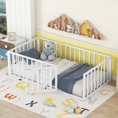 Streamdale Furniture Streamdale Twin Size Metal Floor Bed Frame With Fence And Door