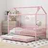 Streamdale Furniture Streamdale Twin Size Metal House Bed With Fence, With Trundle