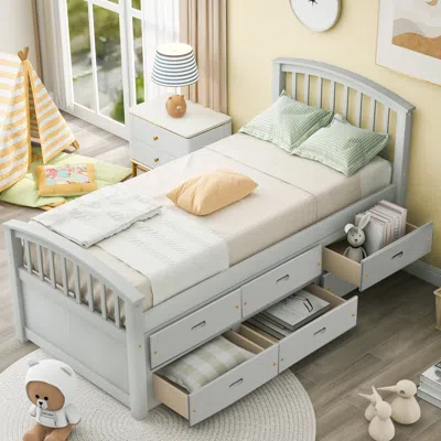 Streamdale Furniture Streamdale Twin Size Platform Storage Bed Solid Wood Bed With 6 Drawers In Gray