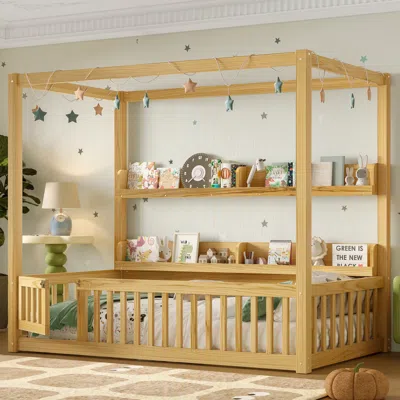 Streamdale Furniture Streamdale Twin Size Solid Wood Montessori Floor Bed Frame With Guardrails & Shelves