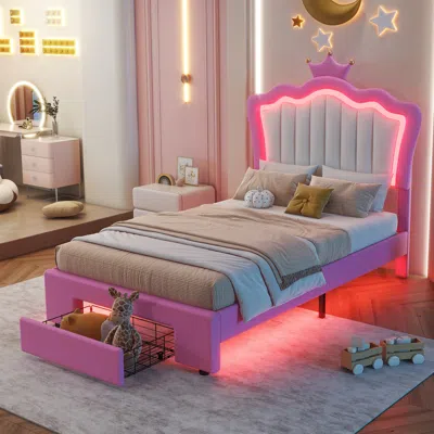Streamdale Furniture Streamdale Twin Size Upholstered Bed Frame With Led Lights In Pink