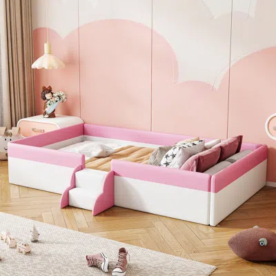 Streamdale Furniture Streamdale Twin Size Upholstered Daybed Frame With Fence And Stairs,(pink+white)