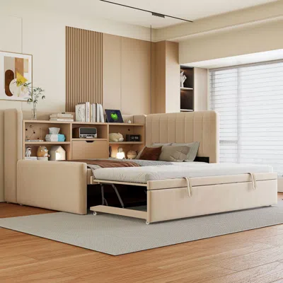 Streamdale Furniture Streamdale Twin Size Upholstered Daybed With Trundle, Storage Shelves, Usb & Outlet