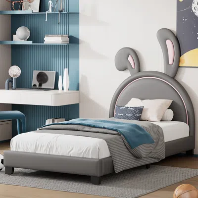 Streamdale Furniture Streamdale Twin Size Upholstered Leather Platform Bed With Rabbit Ornament