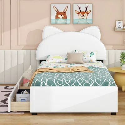 Streamdale Furniture Streamdale Twin Size Upholstered Platform Bed With Cartoon Ears Shaped Headboard And 2 Drawers